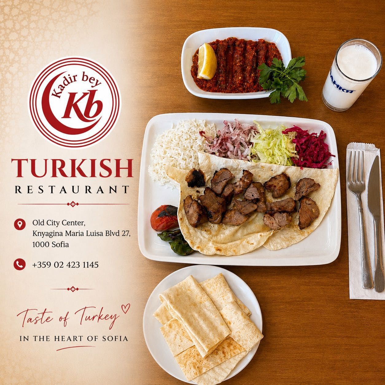 Şiş kebap, lavaş, pilav ve ayran
